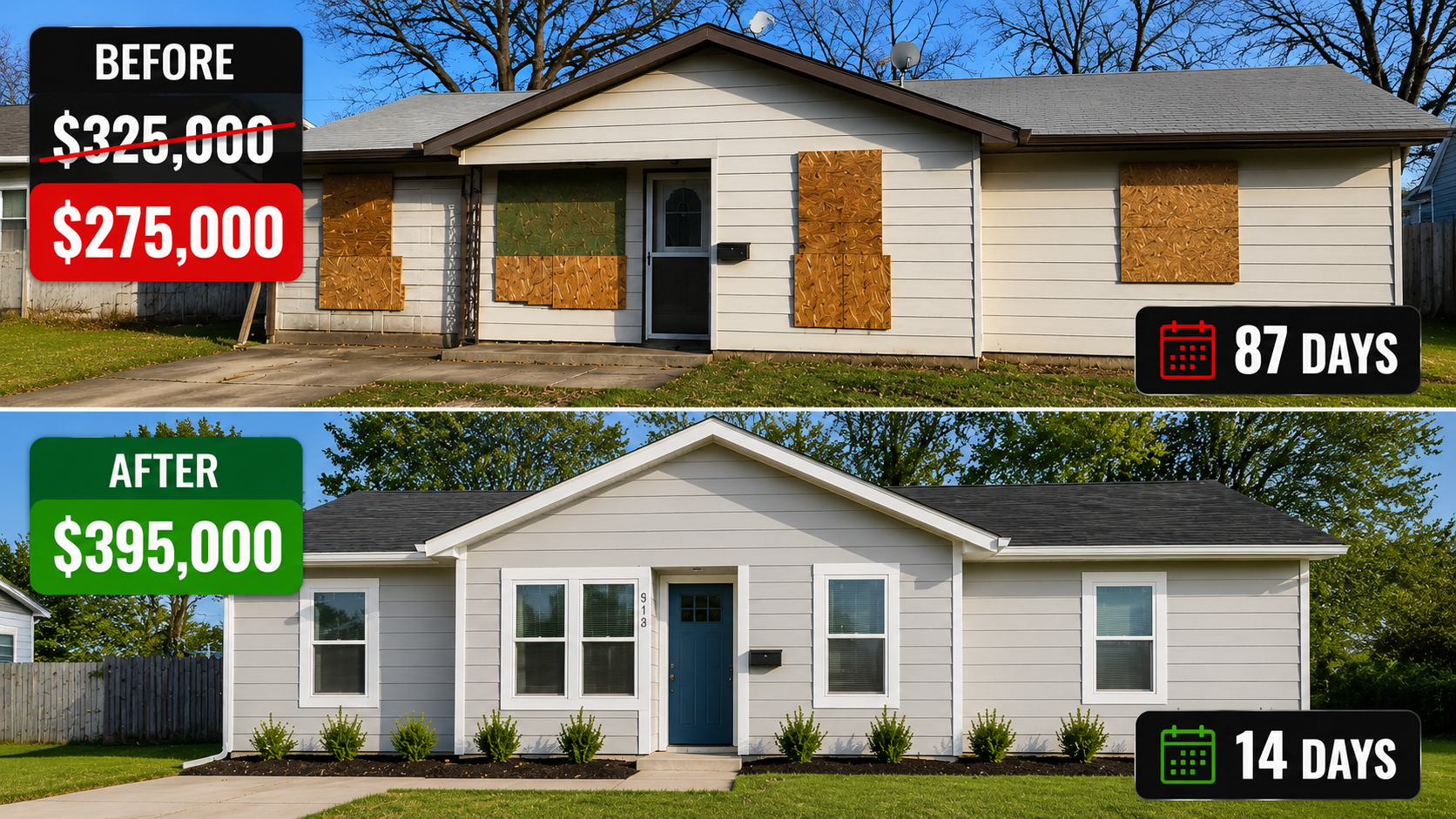 The same home listed as-is versus after a PriceLaunch renovation